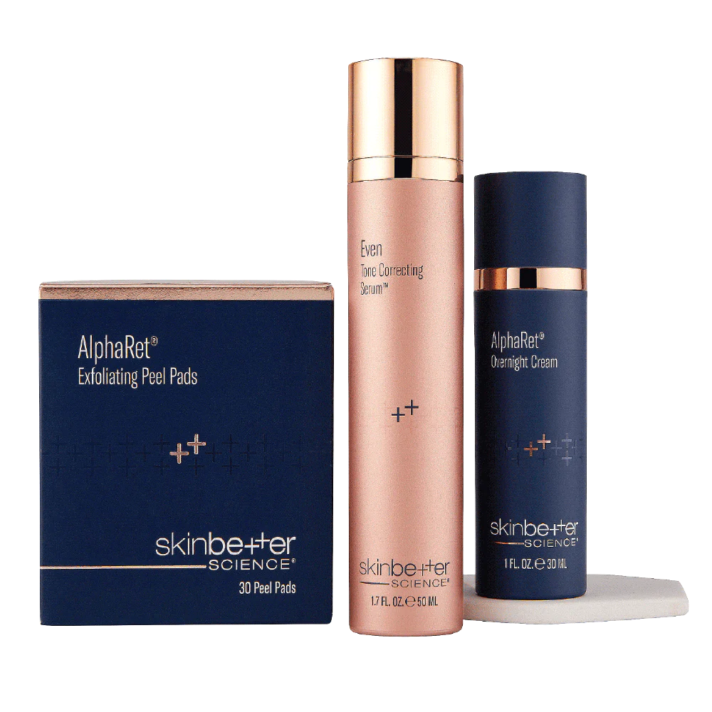 Skinbetter Science | Even Glow Regimen (Even Tone Correcting Serum 50ml, AlphaRet Exfoliating Peel Pads 30 pads and AlphaRet Overnight Cream 30ml)